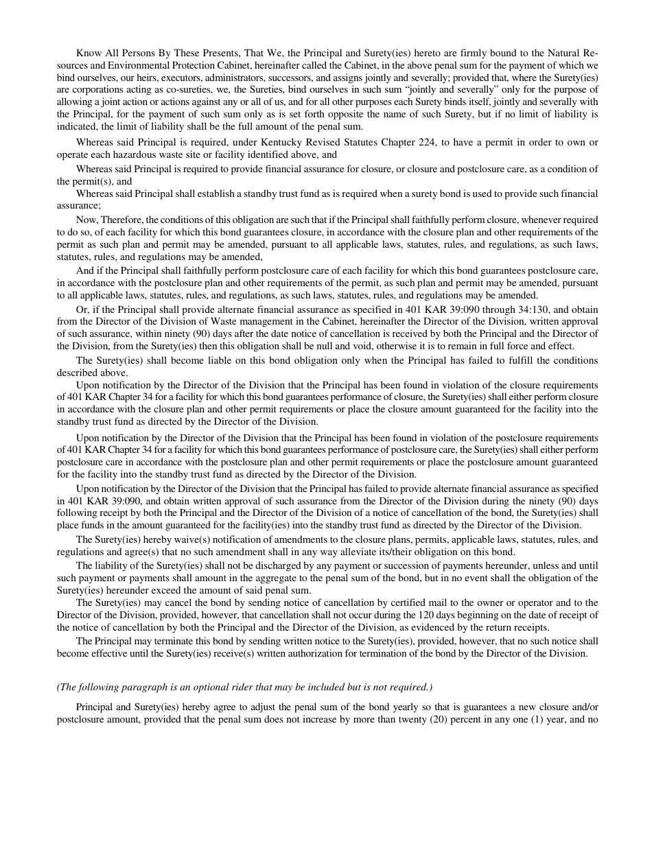 Form DEP-6035C Performance Bond to Demonstrate Closure and / or Postclosure Care - Kentucky, Page 2