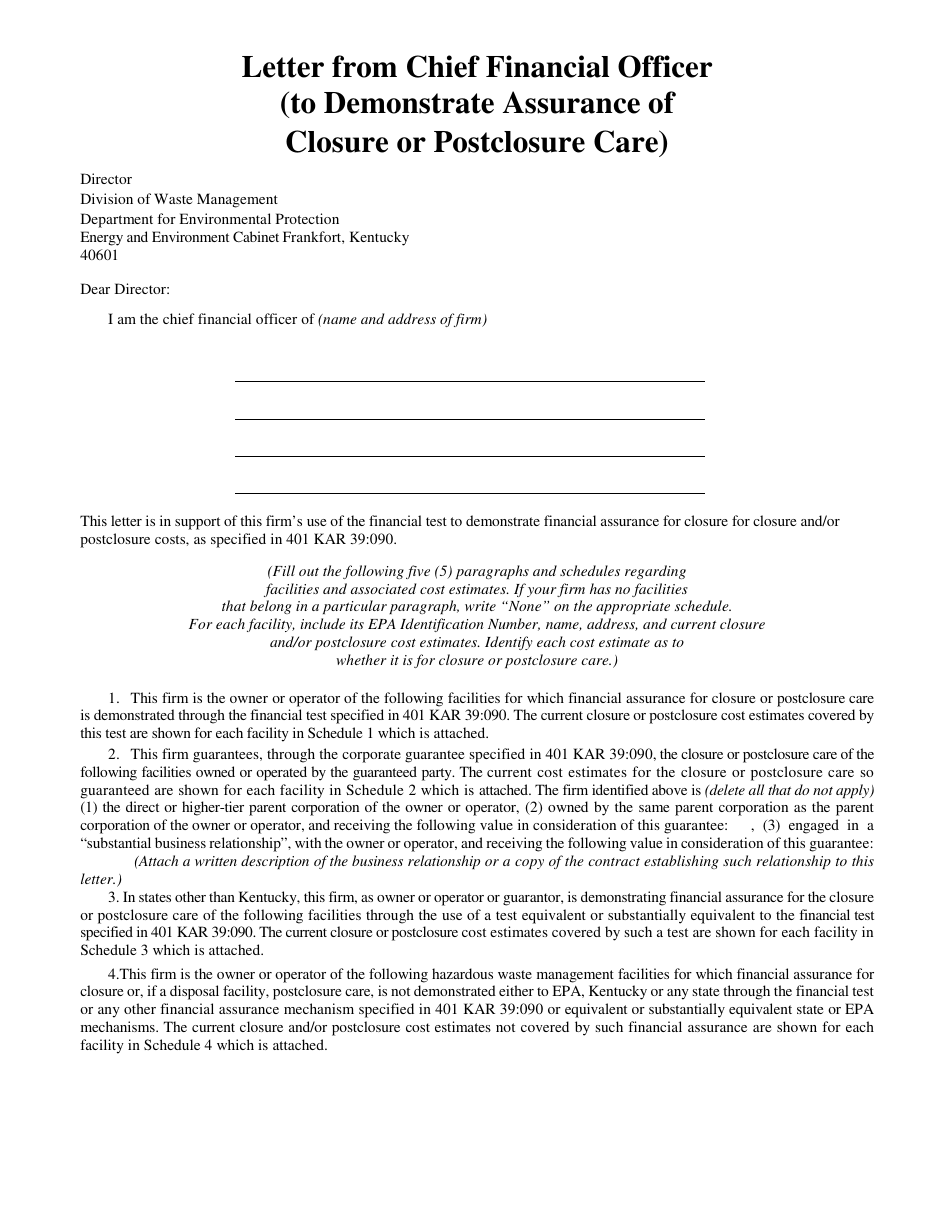 Form DEP-6035F Letter From Chief Financial Officer (To Demonstrate Assurance of Closure or Postclosure Care) - Kentucky, Page 1