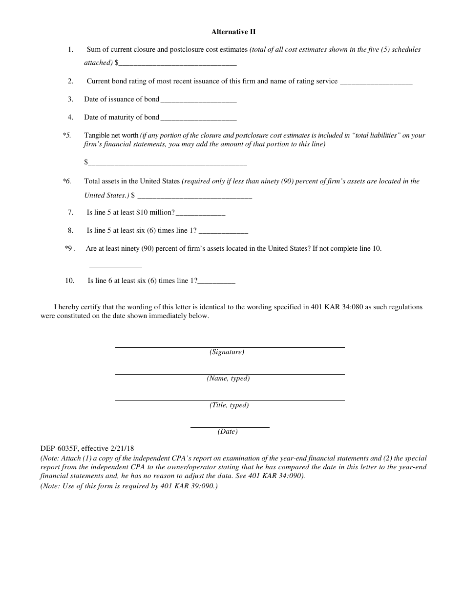 Form DEP-6035F Letter From Chief Financial Officer (To Demonstrate Assurance of Closure or Postclosure Care) - Kentucky, Page 3