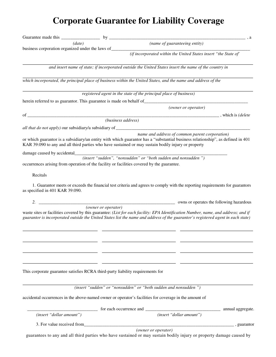 Form DEP-6035H2 Corporate Guarantee for Liability Coverage - Kentucky, Page 1