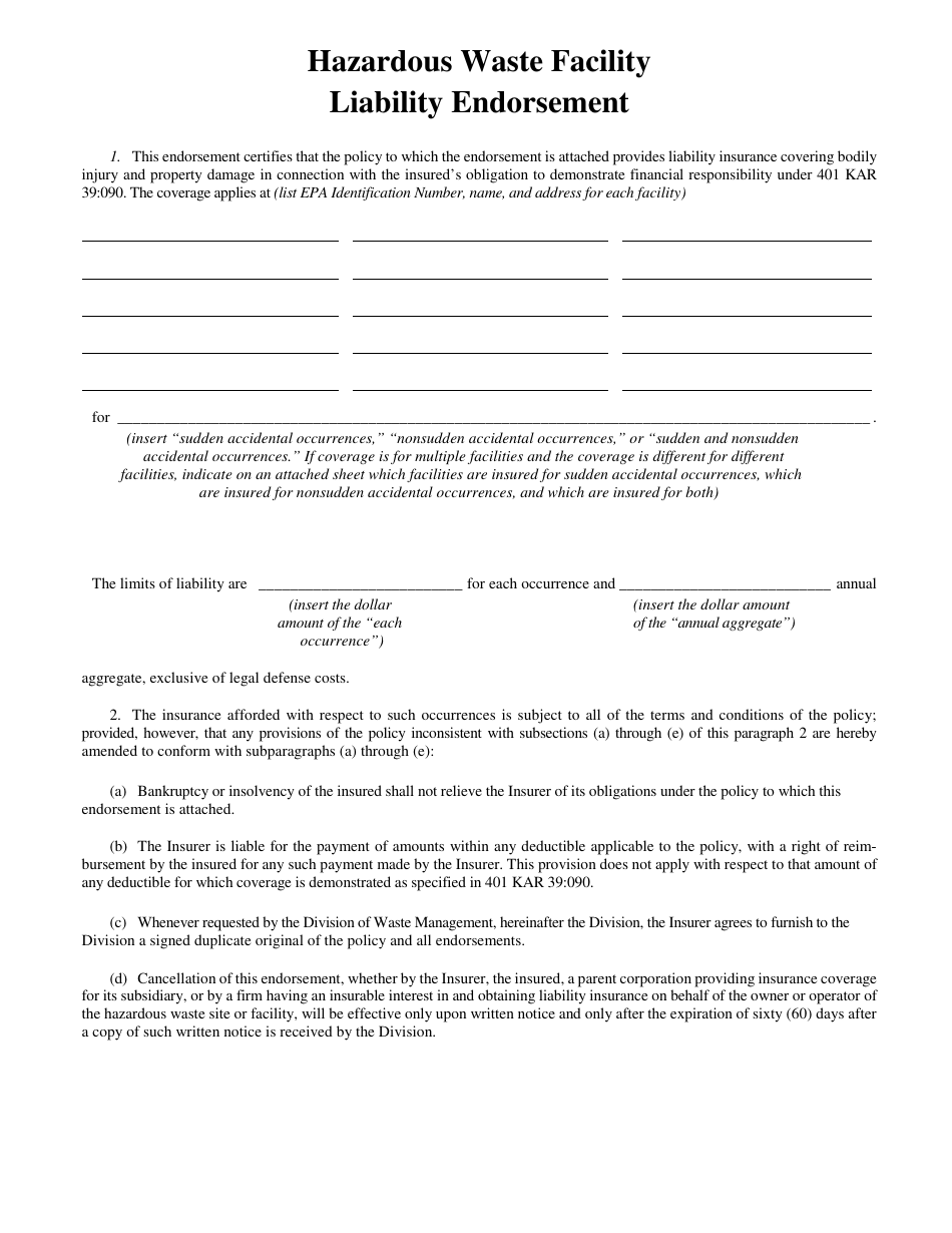 Form DEP-6035K Hazardous Waste Facility Liability Endorsement - Kentucky, Page 1