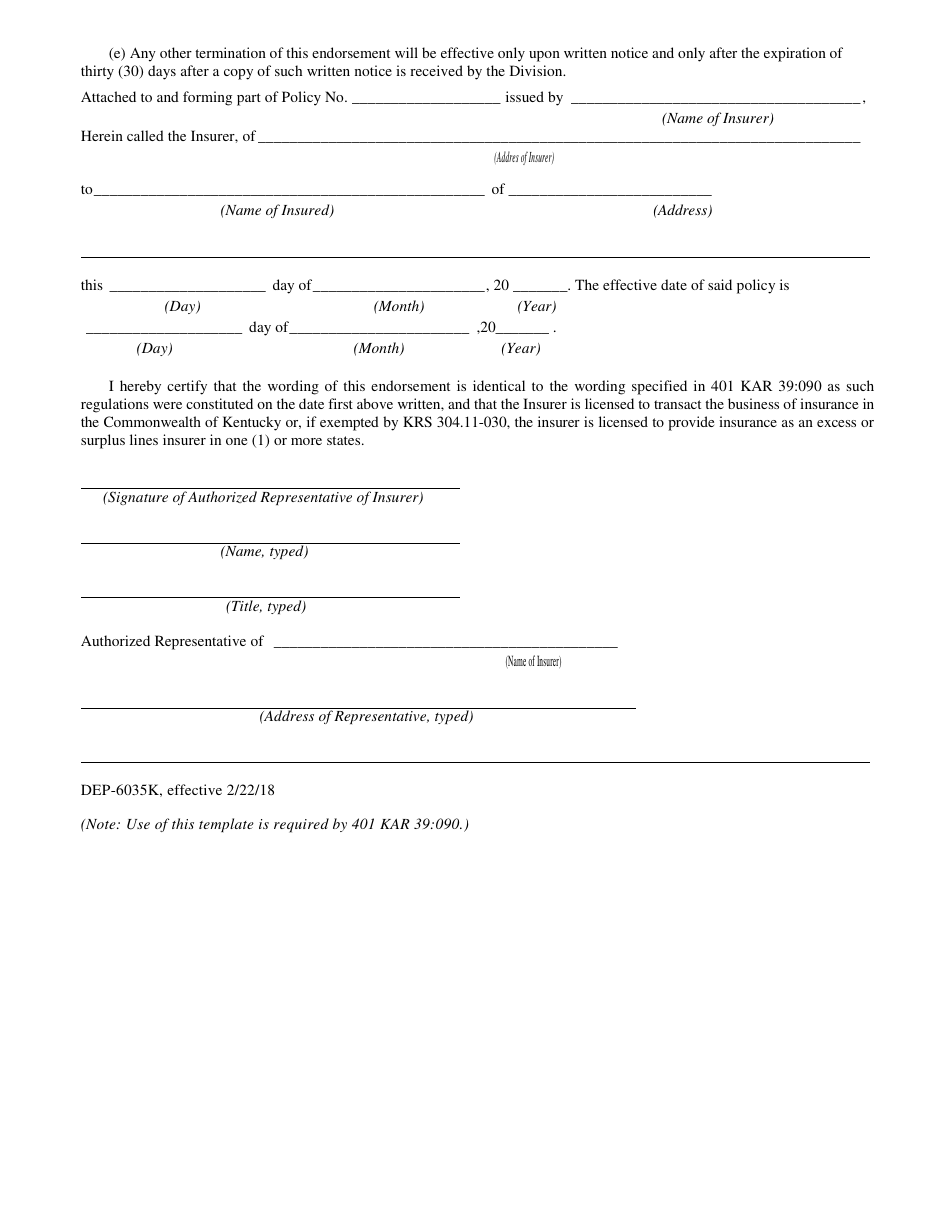 Form DEP-6035K Hazardous Waste Facility Liability Endorsement - Kentucky, Page 2