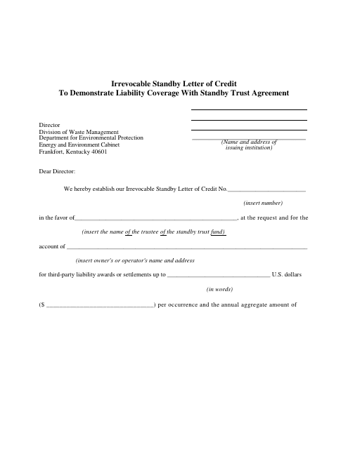Form DEP-6035N Irrevocable Standby Letter of Credit to Demonstrate Liability Coverage With Standby Trust Agreement - Kentucky
