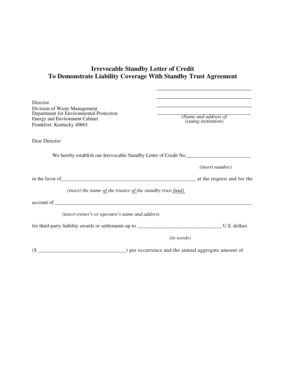 Form DEP-6035N Irrevocable Standby Letter of Credit to Demonstrate Liability Coverage With Standby Trust Agreement - Kentucky, Page 1