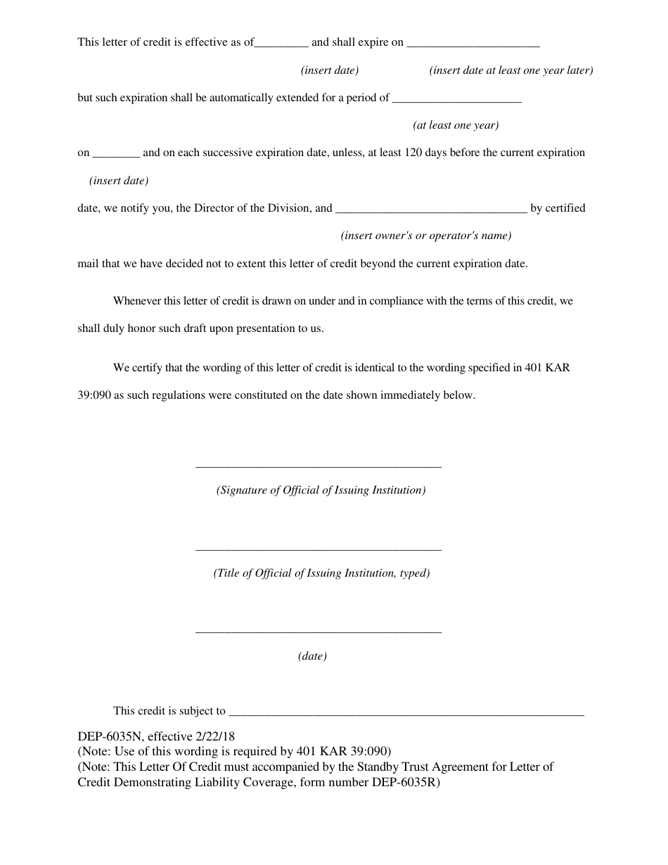Form DEP-6035N Irrevocable Standby Letter of Credit to Demonstrate Liability Coverage With Standby Trust Agreement - Kentucky, Page 3