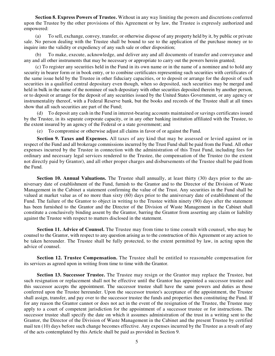 Form DEP-6035P Trust Agreement to Demonstrate Liability Coverage - Kentucky, Page 5