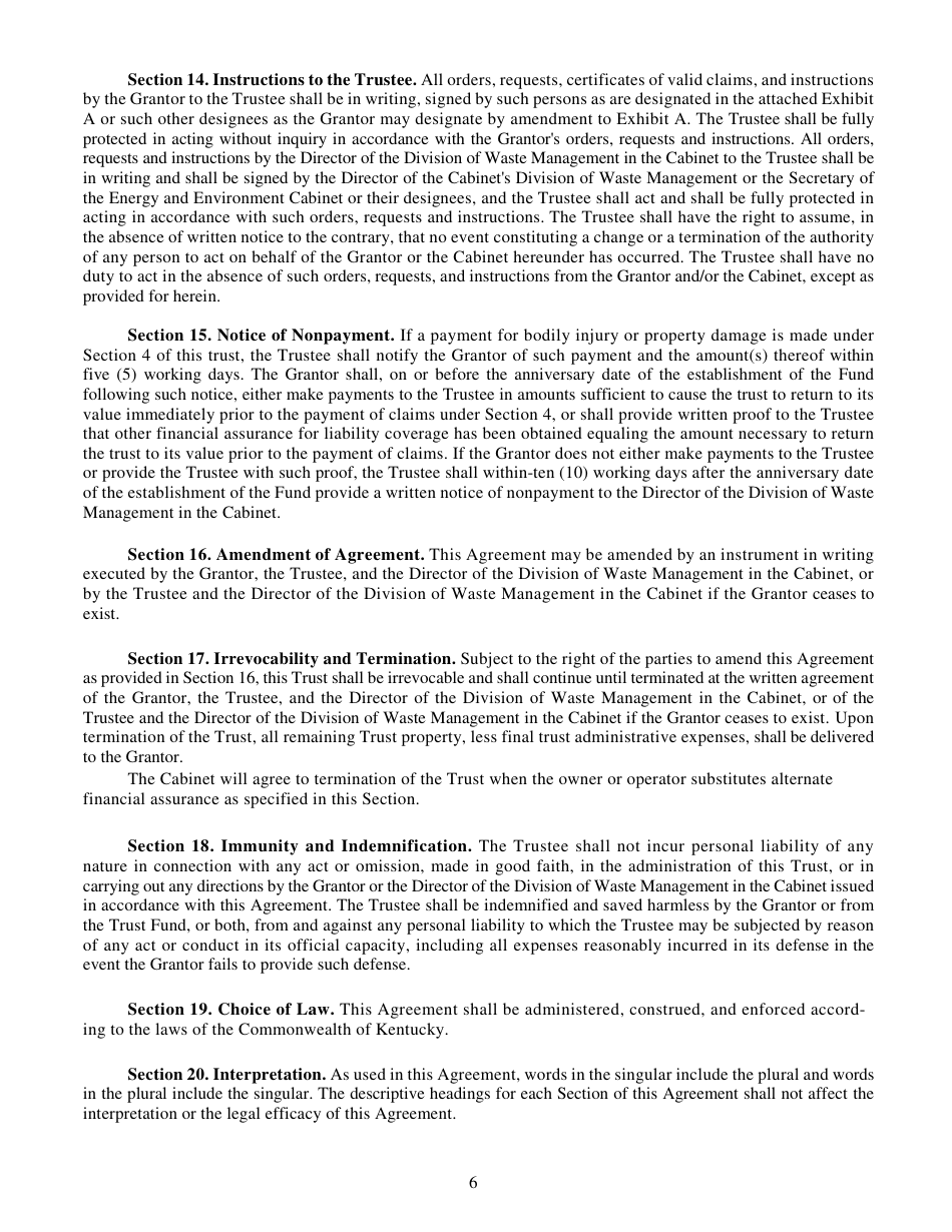 Form DEP-6035P Trust Agreement to Demonstrate Liability Coverage - Kentucky, Page 6