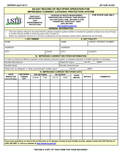 Form DEP8054 60-day Record of Rectifier Operation for Impressed Current Cathodic Protection System - Kentucky
