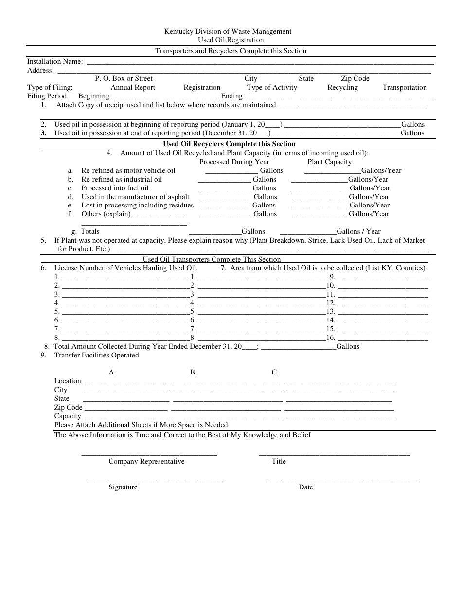 Used Oil Registration Form - Kentucky, Page 1