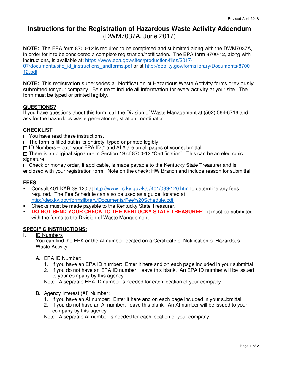 Instructions for Form DWM7037A Registration of Hazardous Waste Activity Addendum - Kentucky, Page 1