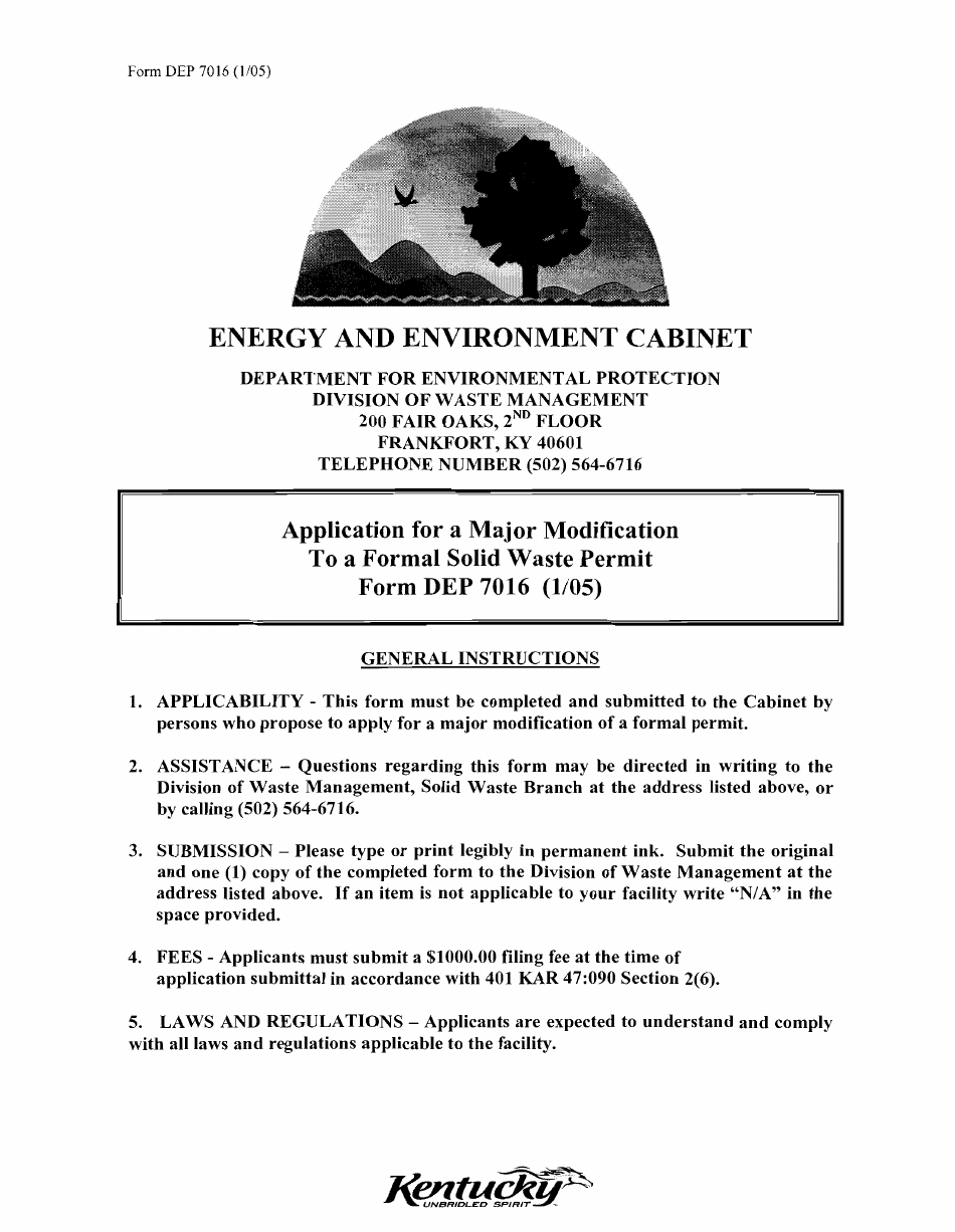 Form DEP7016 Application for a Major Modification to a Formal Solid Waste Permit - Kentucky, Page 1