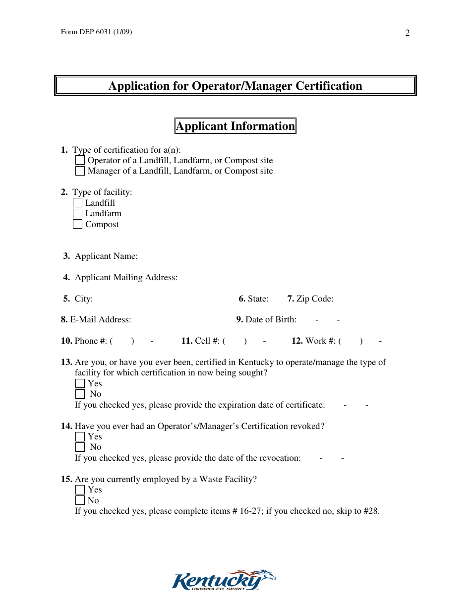 Form DEP6031 Application for Operator / Manager Certification - Kentucky, Page 2