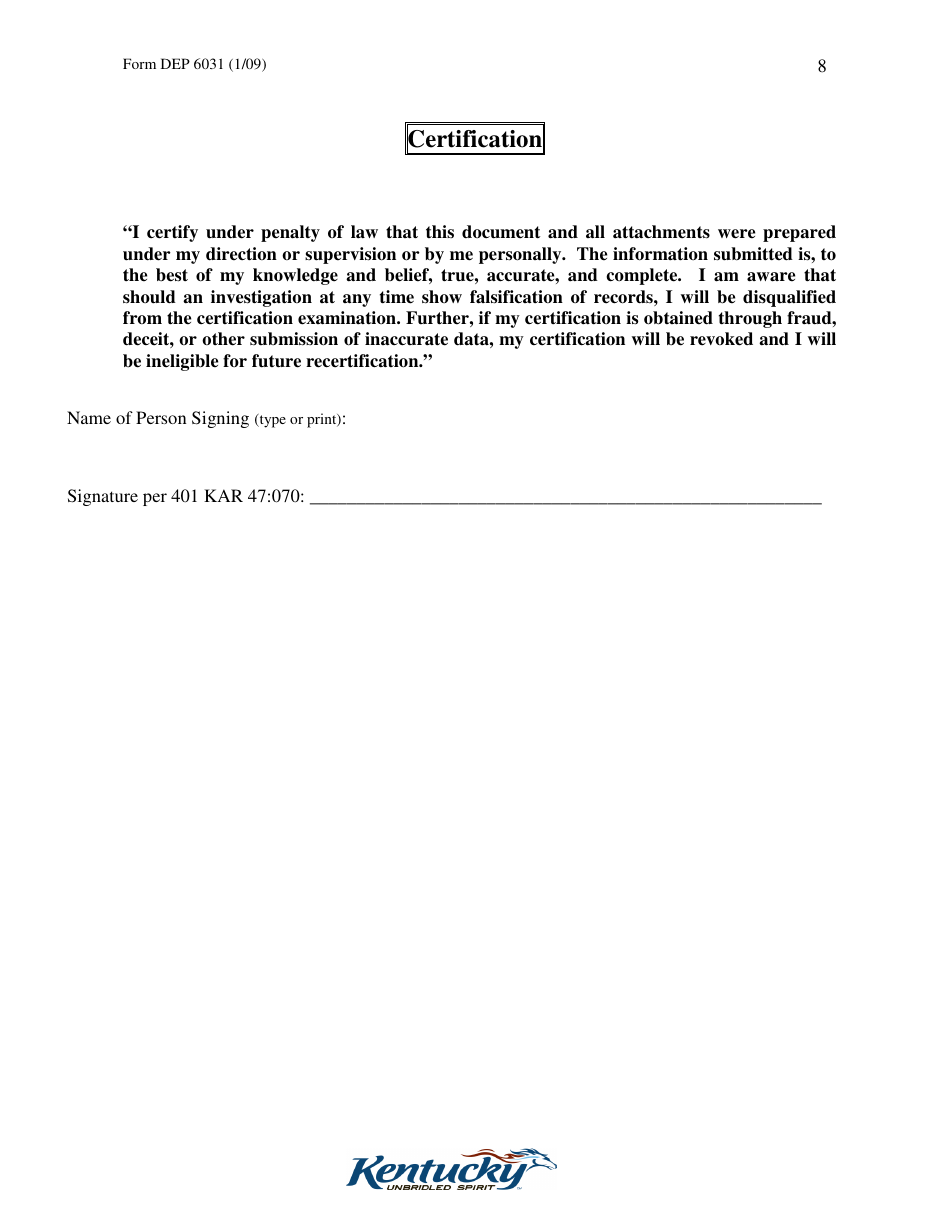 Form DEP6031 Application for Operator / Manager Certification - Kentucky, Page 8