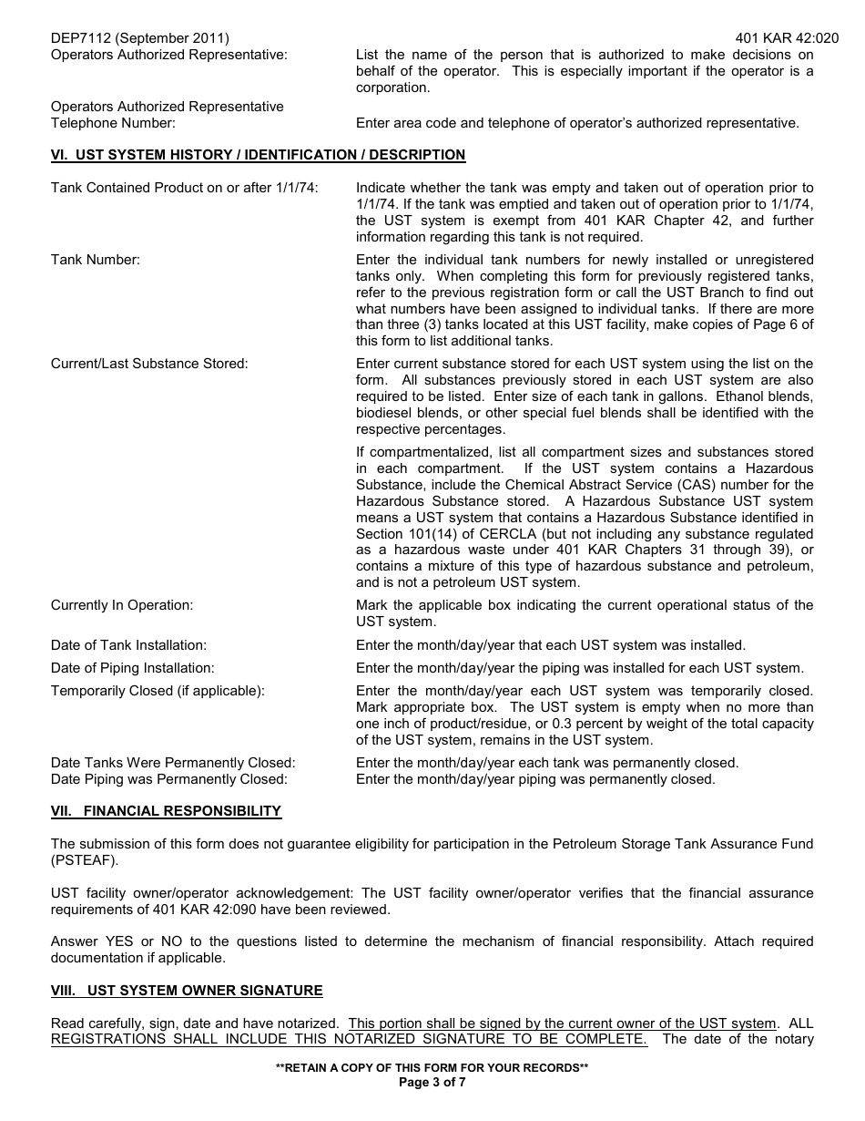 Form DEP7112 Ust Facility Registration Form - Kentucky, Page 3