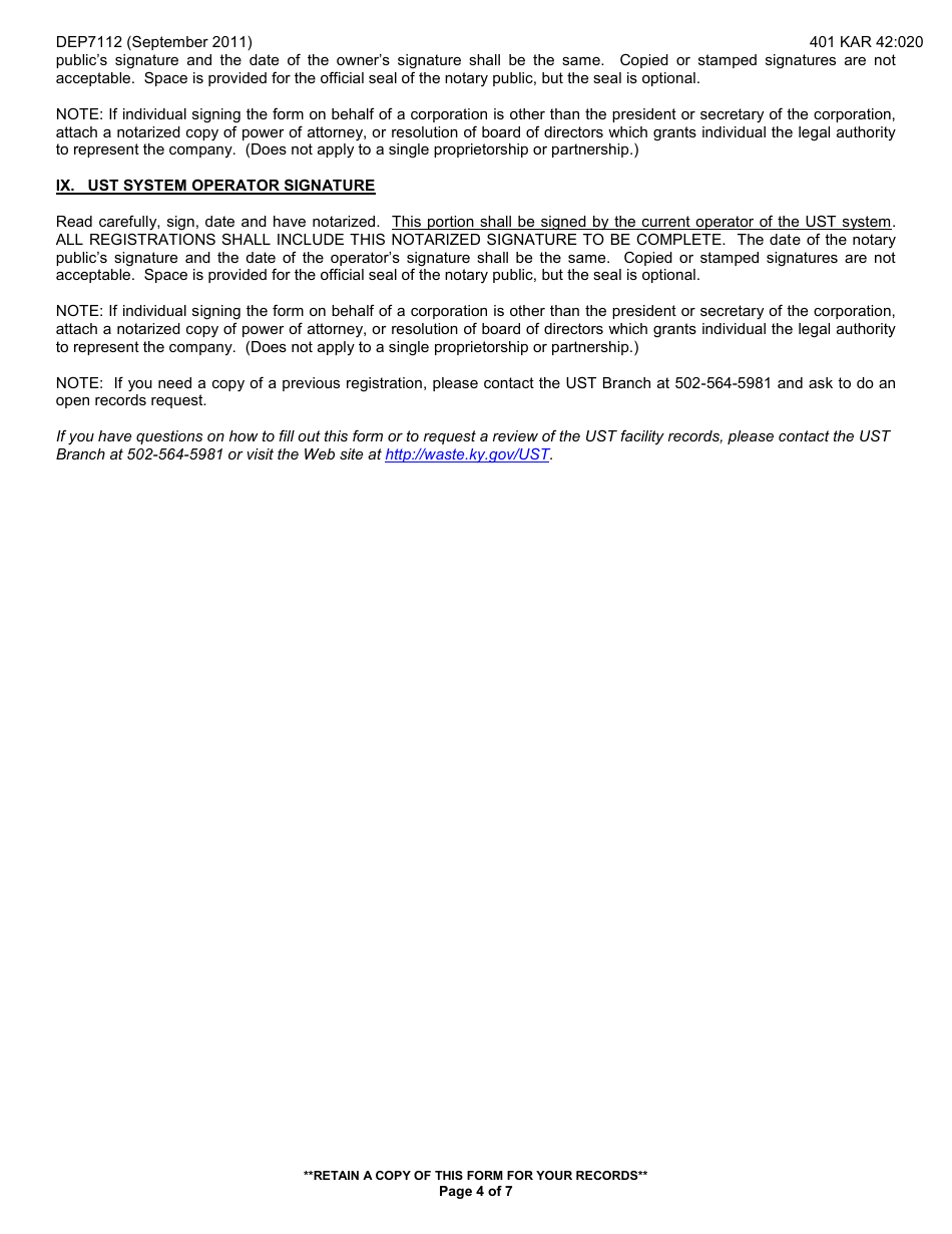 Form DEP7112 Ust Facility Registration Form - Kentucky, Page 4