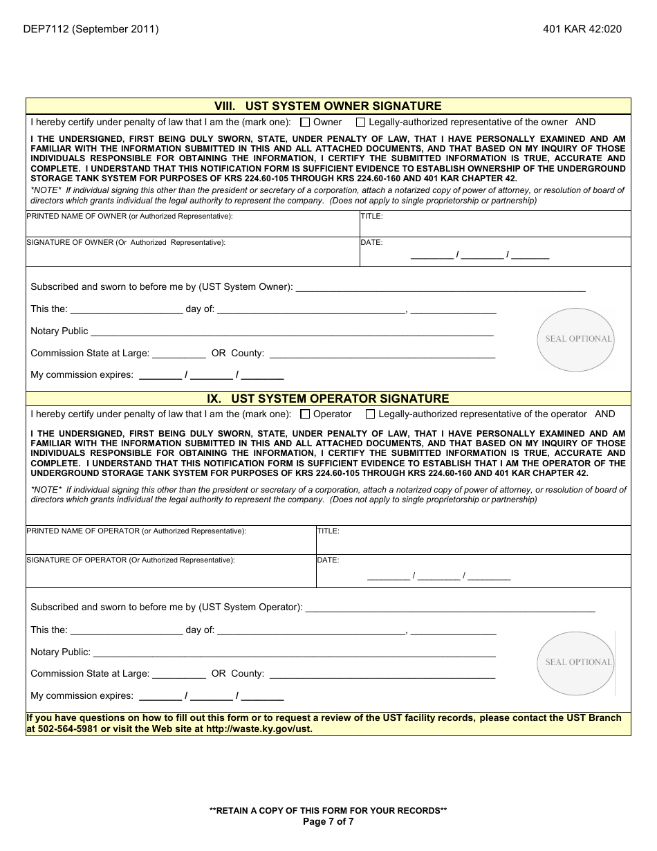 Form DEP7112 Ust Facility Registration Form - Kentucky, Page 7