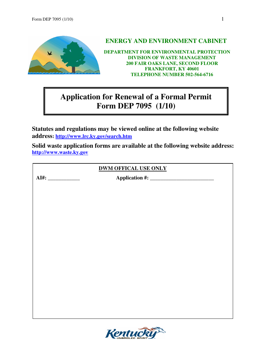 Form DEP7095 Application for Renewal of a Formal Permit - Kentucky, Page 1