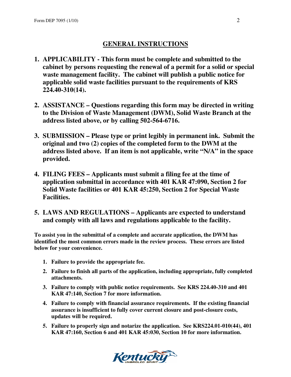 Form DEP7095 Application for Renewal of a Formal Permit - Kentucky, Page 2