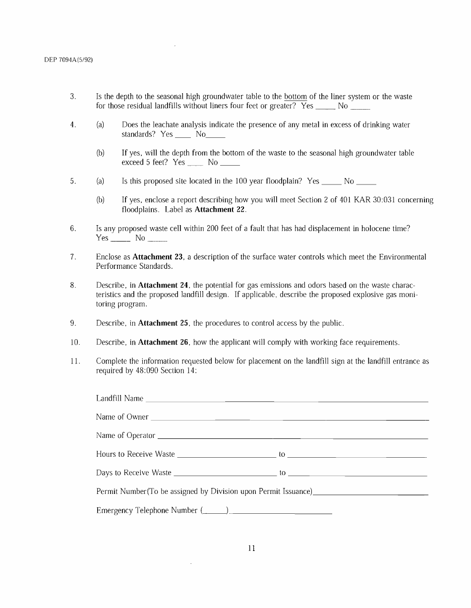 Form DEP7094A Application for a Special Waste Landfill Permit - Kentucky, Page 11