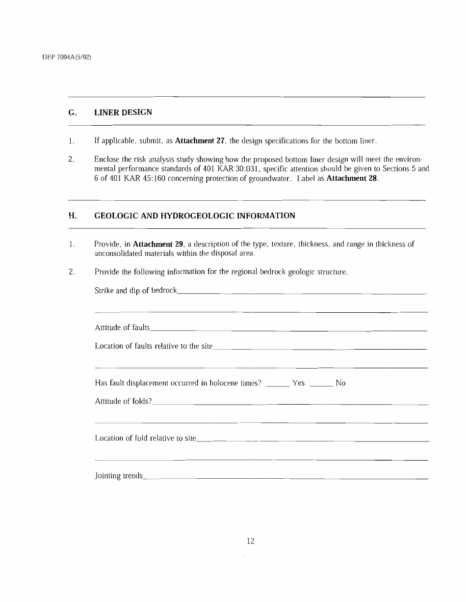 Form DEP7094A Application for a Special Waste Landfill Permit - Kentucky, Page 12