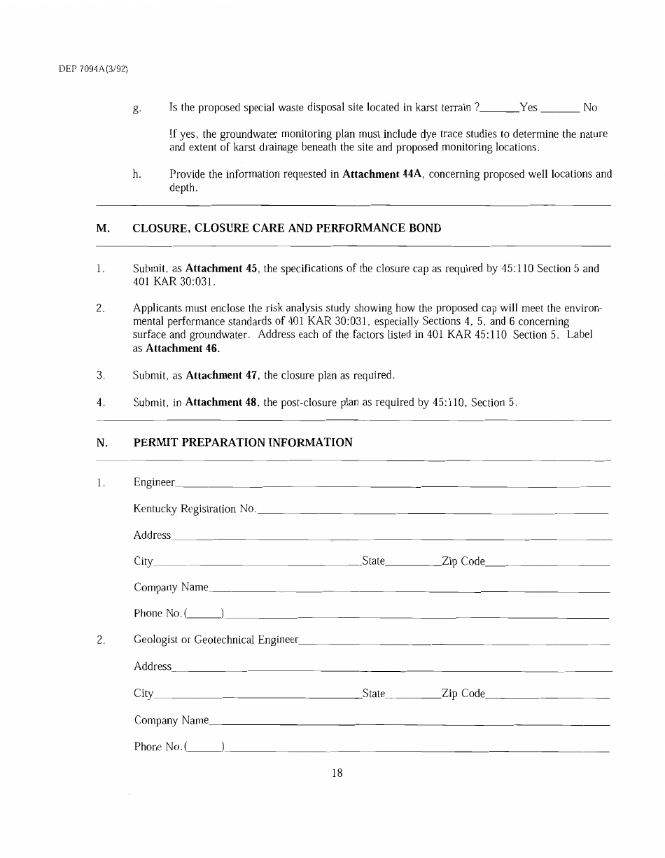 Form DEP7094A Application for a Special Waste Landfill Permit - Kentucky, Page 18