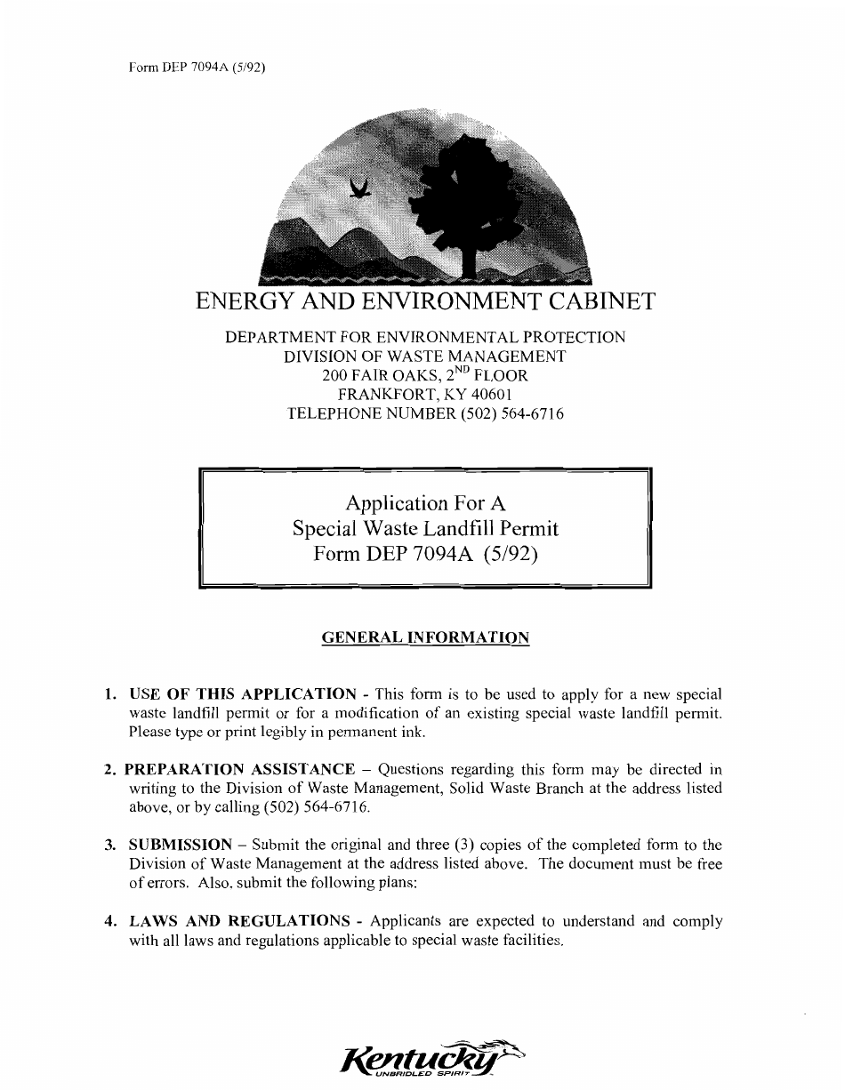 Form DEP7094A Application for a Special Waste Landfill Permit - Kentucky, Page 1