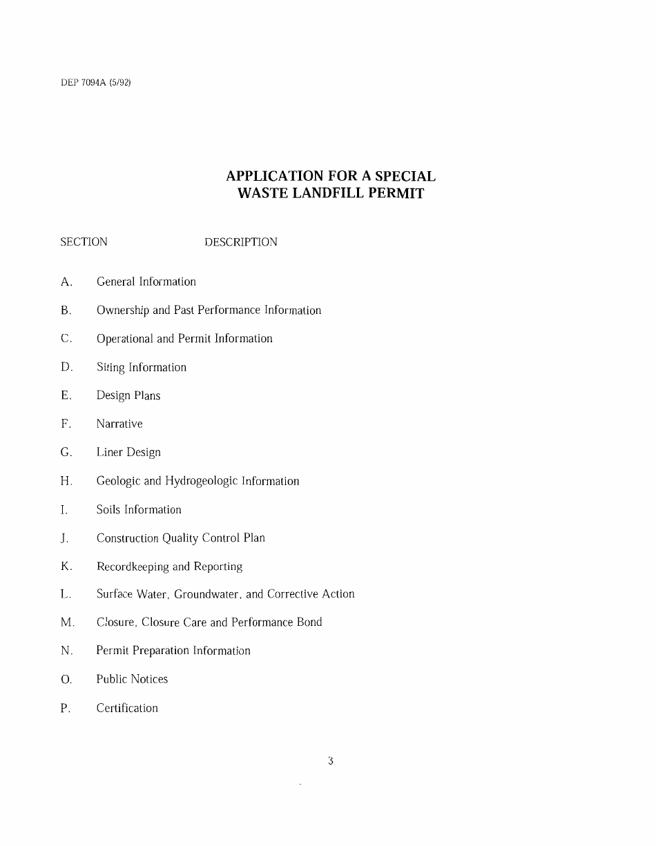 Form DEP7094A Application for a Special Waste Landfill Permit - Kentucky, Page 3