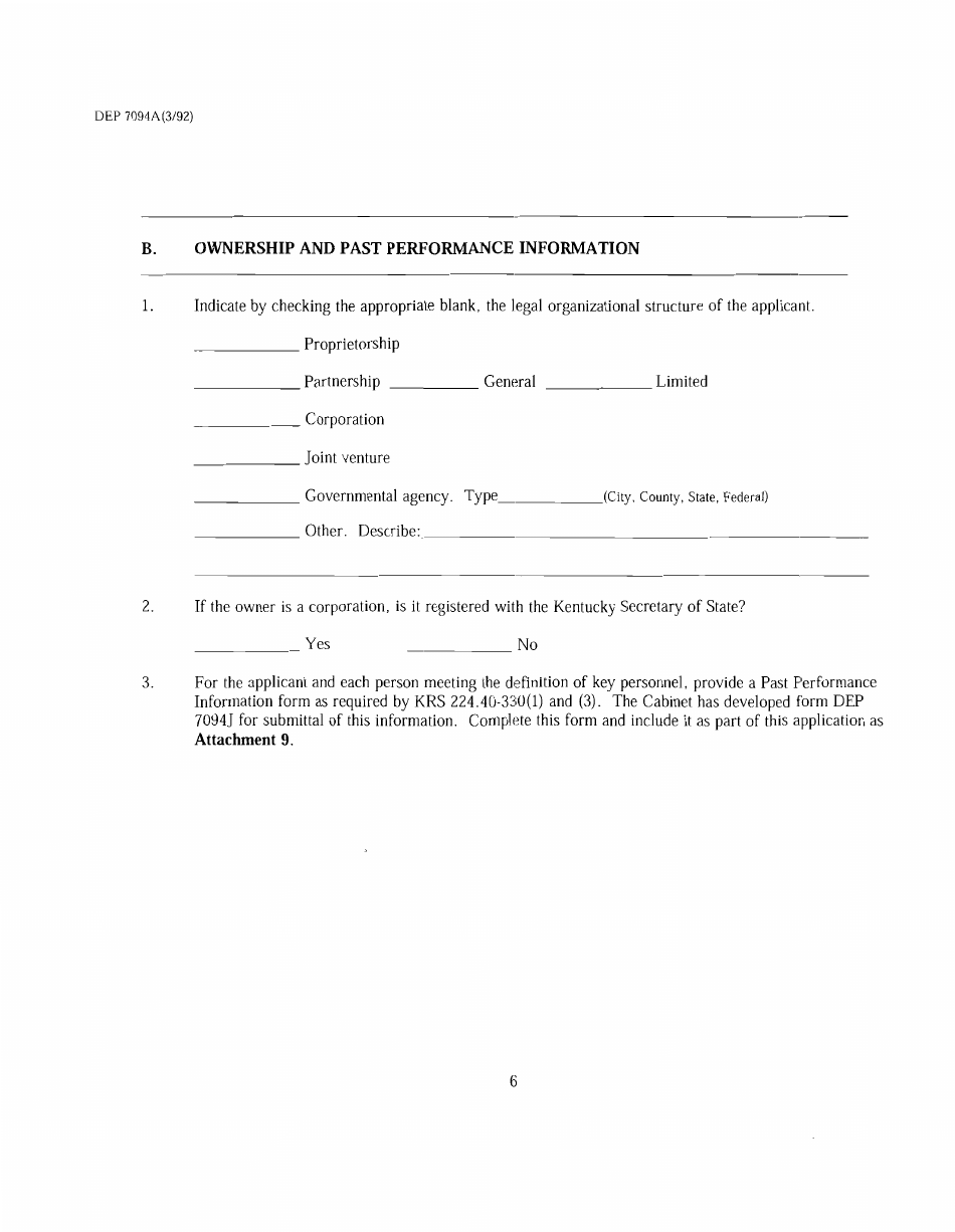 Form DEP7094A Application for a Special Waste Landfill Permit - Kentucky, Page 6