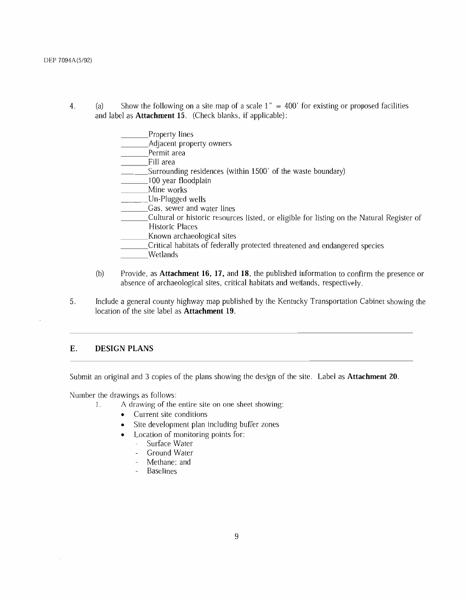 Form DEP7094A Application for a Special Waste Landfill Permit - Kentucky, Page 9