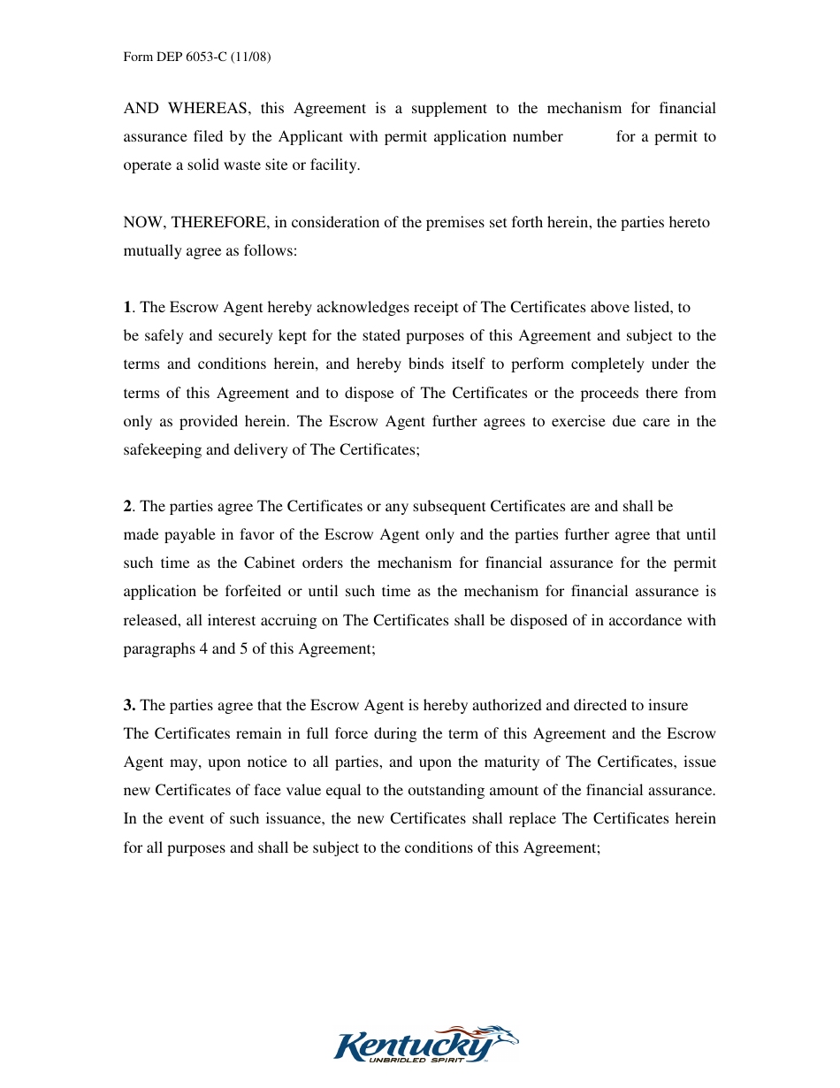 Form DEP6053-C Escrow Agreement Form - Kentucky, Page 3
