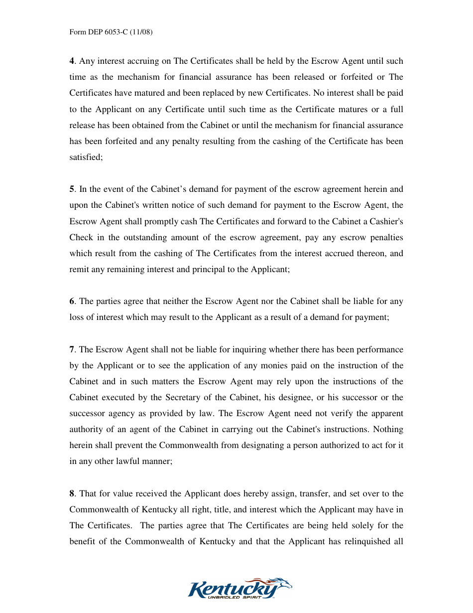 Form DEP6053-C Escrow Agreement Form - Kentucky, Page 4