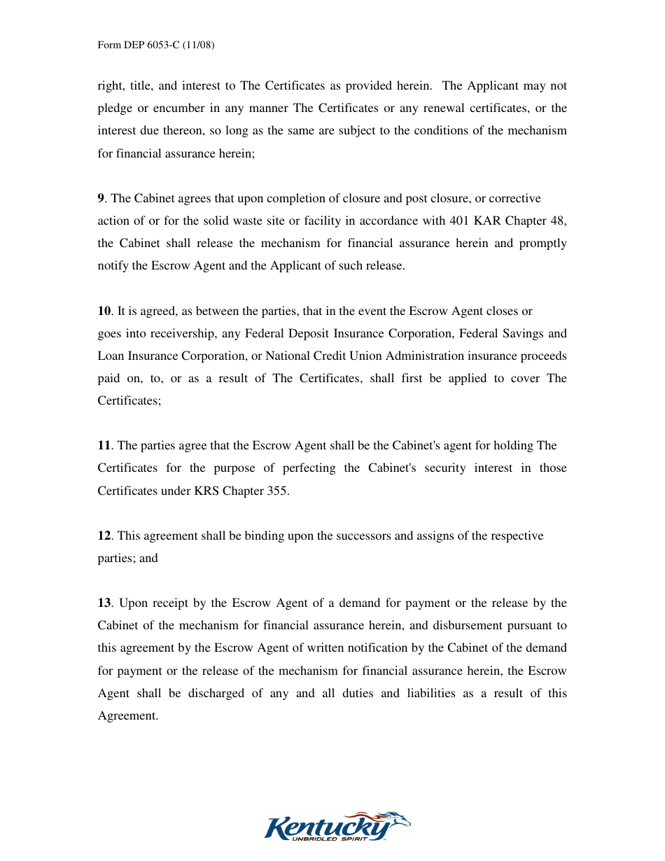 Form DEP6053-C Escrow Agreement Form - Kentucky, Page 5