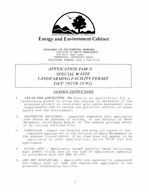 Form DEP7021B Application for a Special Waste Landfarming Facility Permit - Kentucky