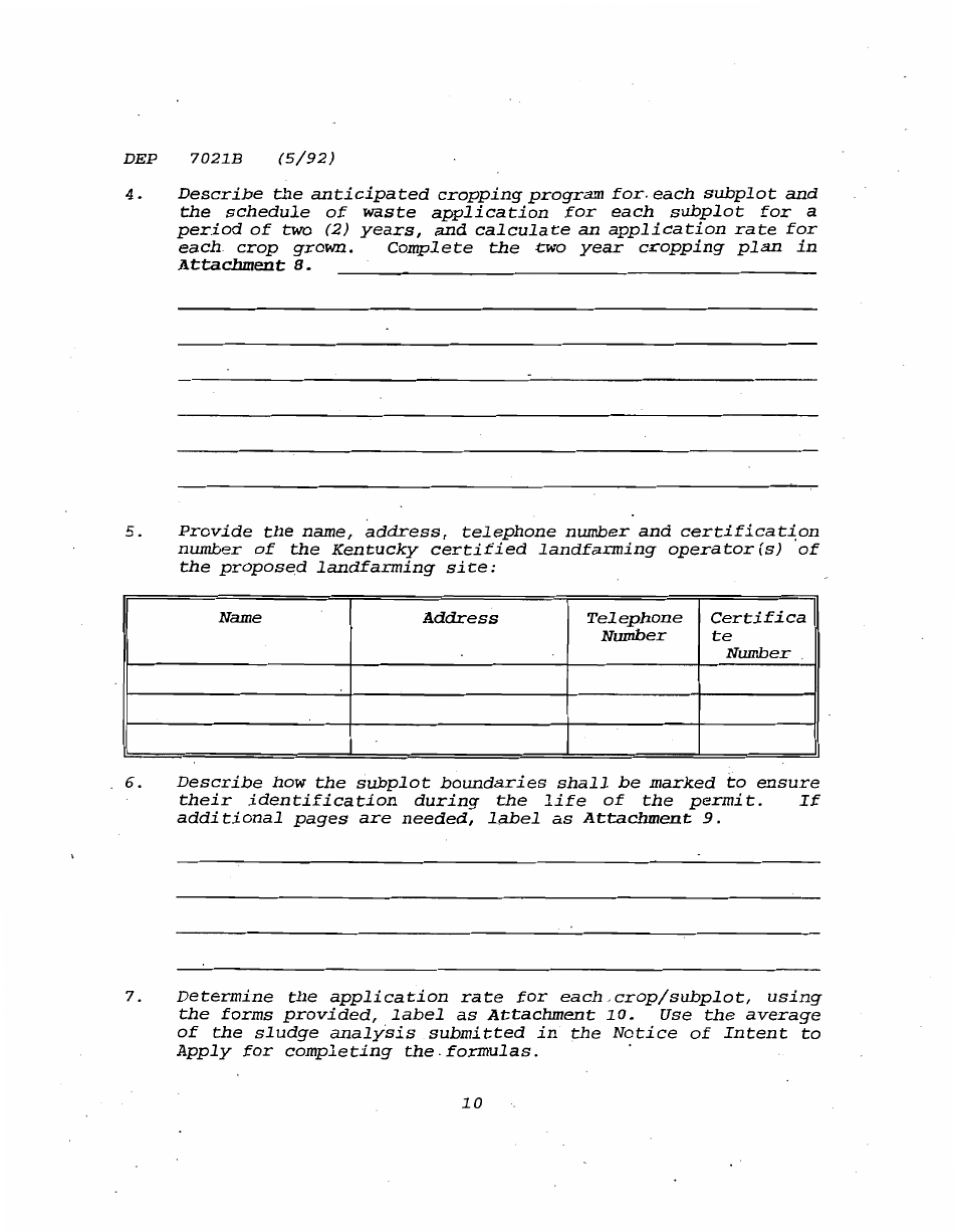 Form DEP7021B Application for a Special Waste Landfarming Facility Permit - Kentucky, Page 10