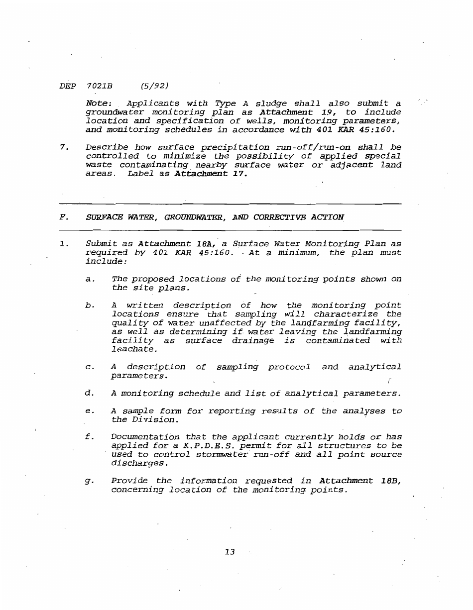 Form DEP7021B Application for a Special Waste Landfarming Facility Permit - Kentucky, Page 13