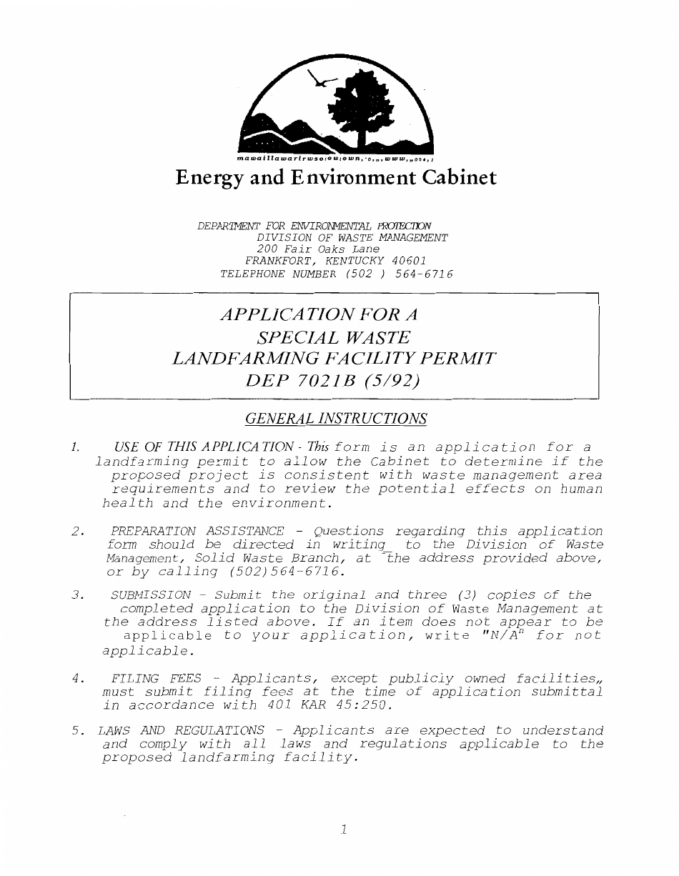 Form DEP7021B Application for a Special Waste Landfarming Facility Permit - Kentucky, Page 1