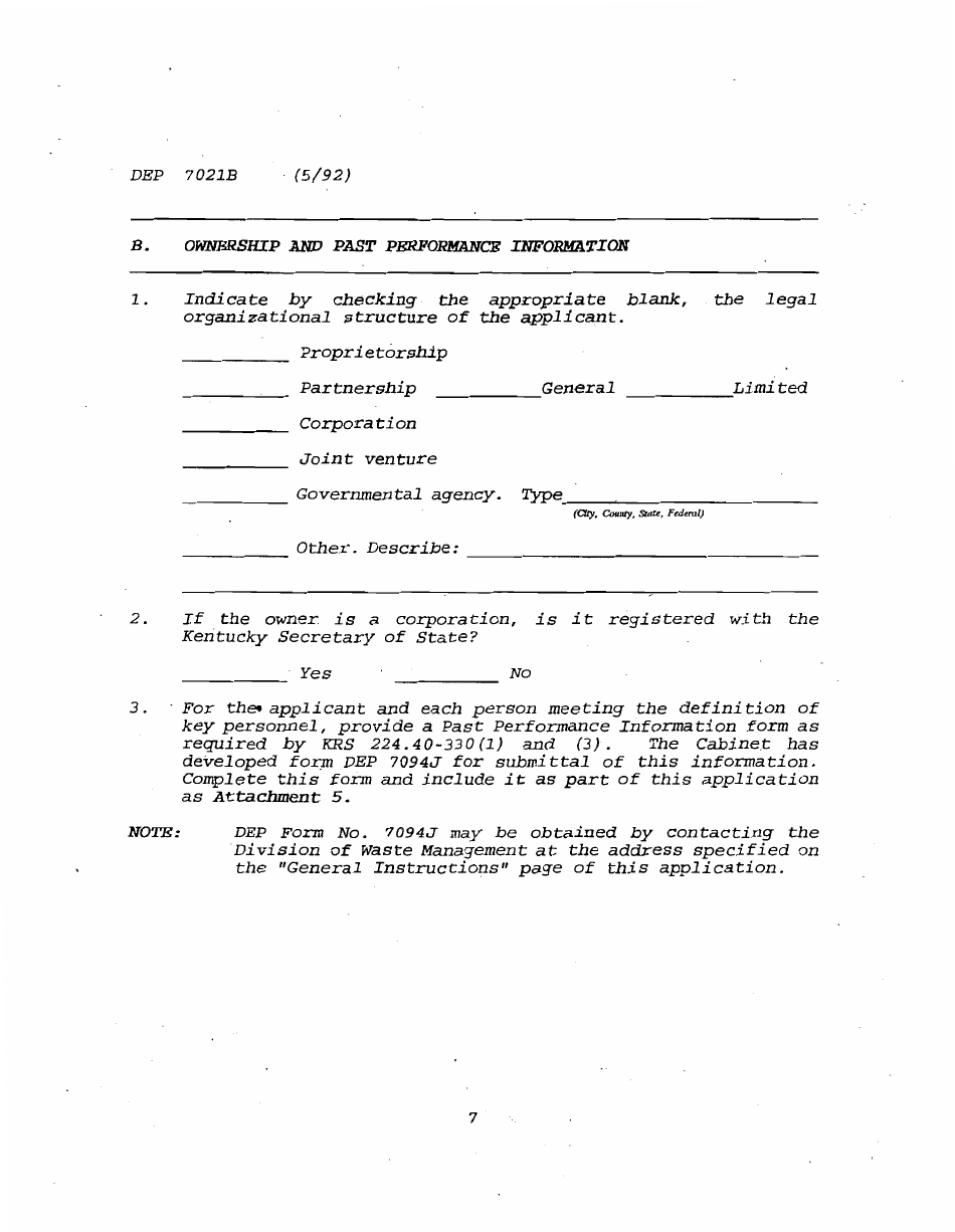 Form DEP7021B Application for a Special Waste Landfarming Facility Permit - Kentucky, Page 7