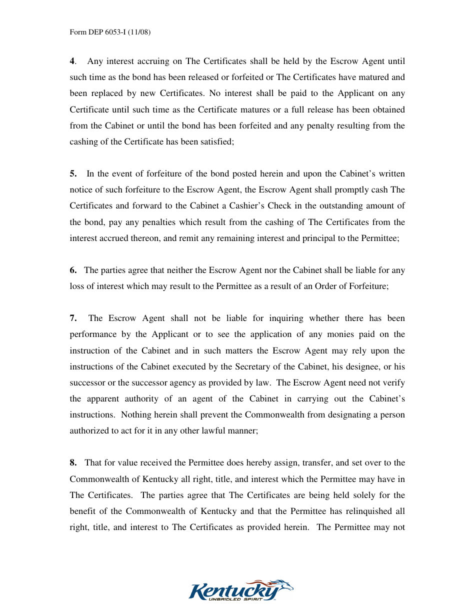 Form DEP6053-I Escrow Agreement for Corrective Action - Kentucky, Page 4