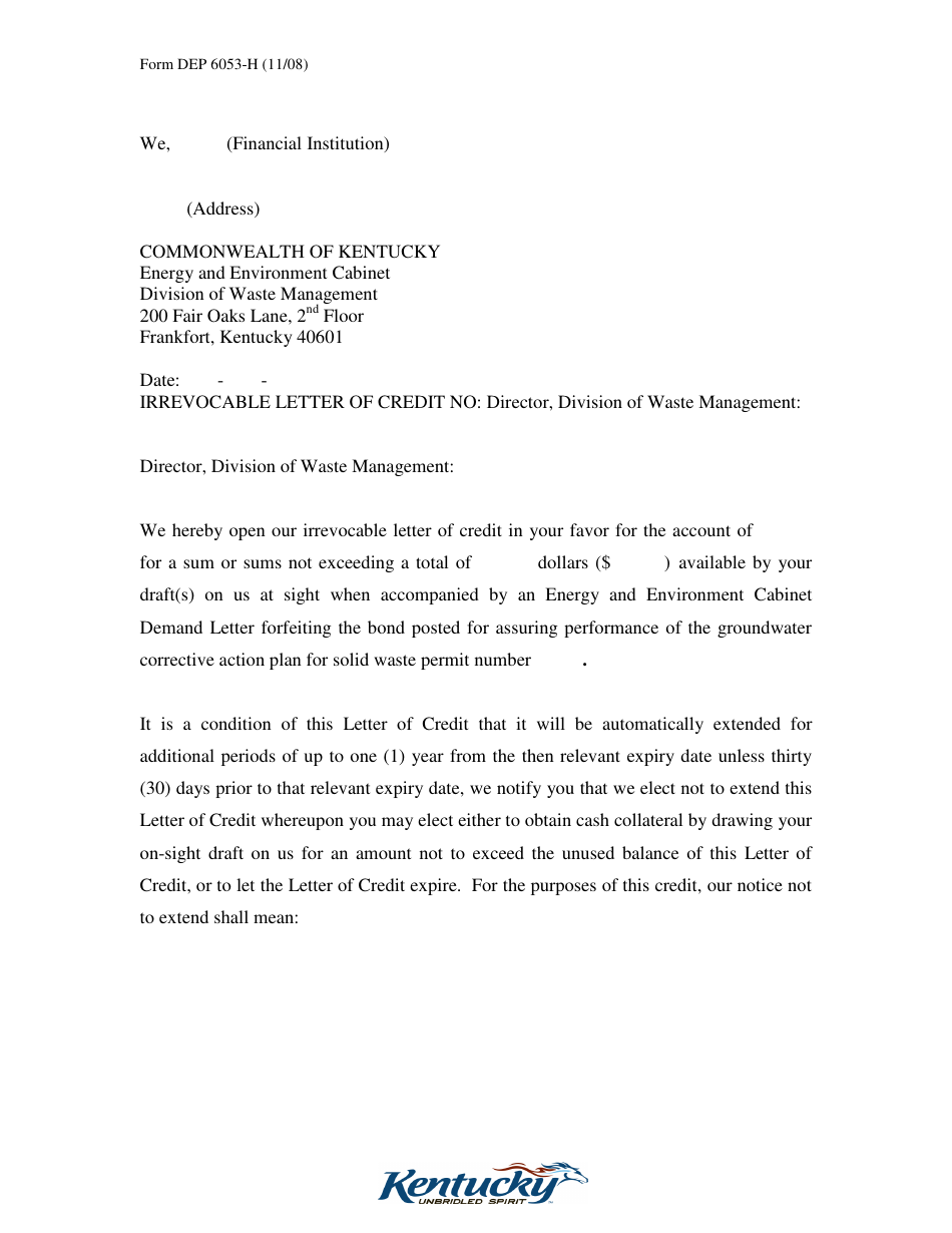 Form DEP6053-H Irrevocable Letter of Credit for Corrective Action - Kentucky, Page 2