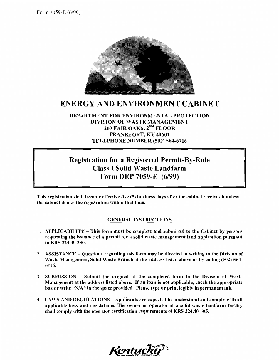 Form DEP7059-E Registration for a Registered Permit-By-Rule Class I Solid Waste Landfarm - Kentucky, Page 1