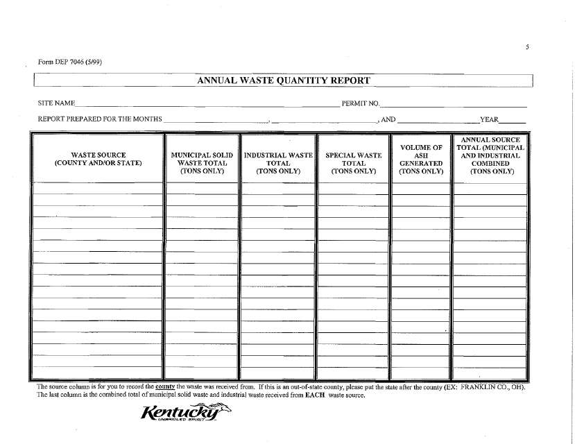 Form DEP7046 Annual Waste Quantity Report - Kentucky