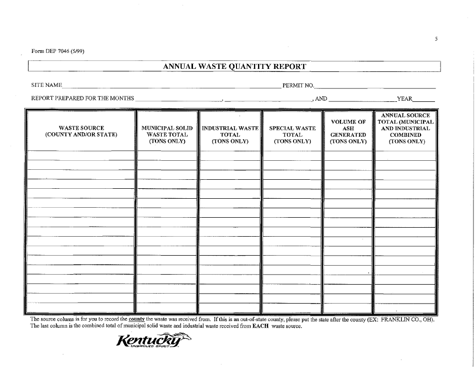 Form DEP7046 Annual Waste Quantity Report - Kentucky, Page 1