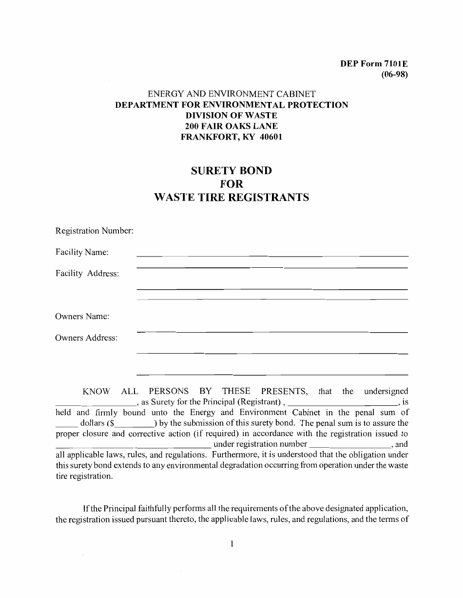 DEP Form 7101E Surety Bond for Waste Tire Registrants - Kentucky, Page 1