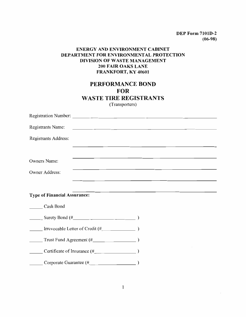 Form DEP7101D-2 Performance Bond for Waste Tire Registrants (Transporters) - Kentucky, Page 1
