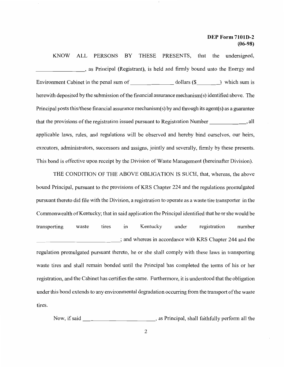 Form DEP7101D-2 Performance Bond for Waste Tire Registrants (Transporters) - Kentucky, Page 2