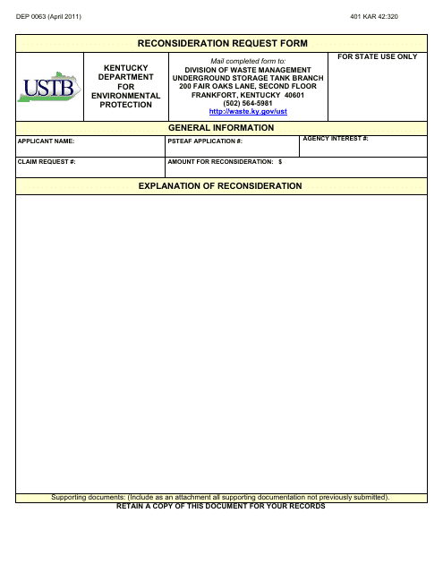 Form DEP0063 Reconsideration Request Form - Kentucky