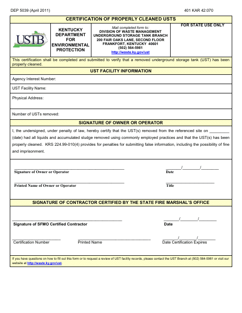 Form DEP5039 Certification of Properly Cleaned Usts - Kentucky
