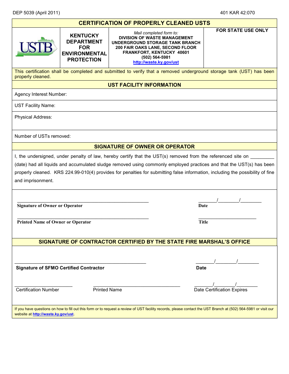 Form DEP5039 Certification of Properly Cleaned Usts - Kentucky, Page 1