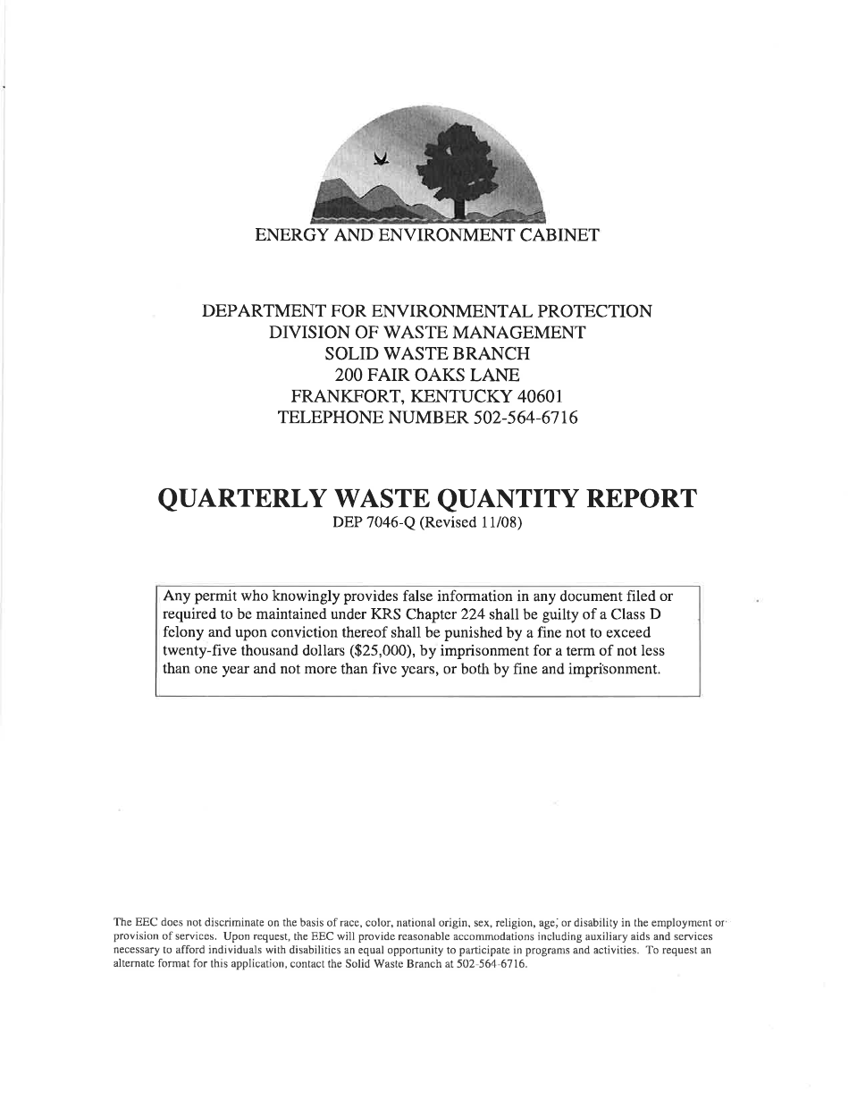 Form DEP7046-Q Quarterly Waste Quantity Report - Kentucky, Page 1