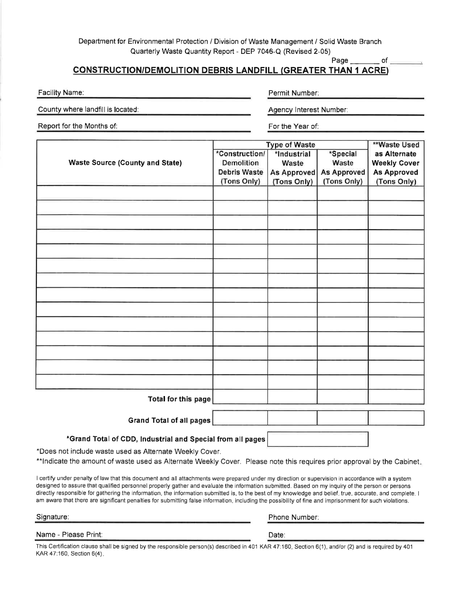 Form DEP7046-Q Quarterly Waste Quantity Report - Kentucky, Page 3